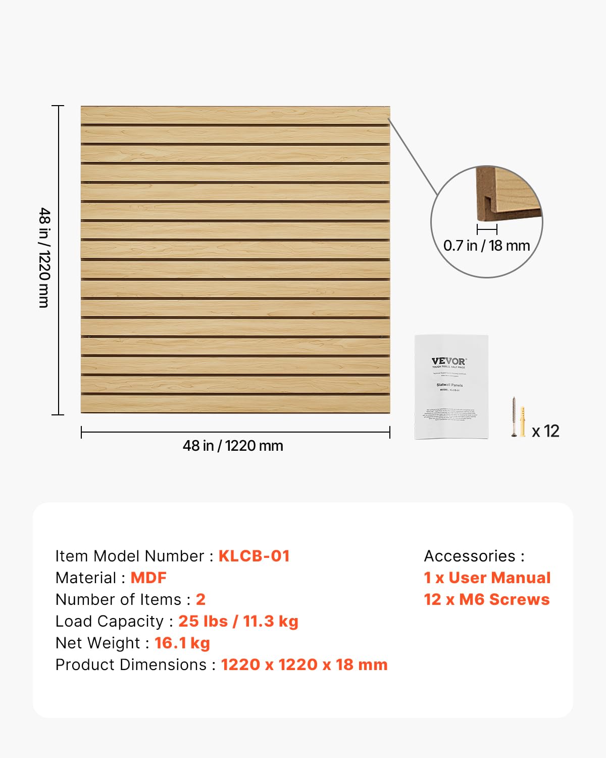 VEVOR Slat Wall Paneling, 4 x 4ft, MDF Garage Slatwall with Modular Design, Natural Slat Wall Easy-to-Install Adjustable Slatwall Panel with Coupling Structure & DIY Cutting, Fit for Storage & Display VEVOR