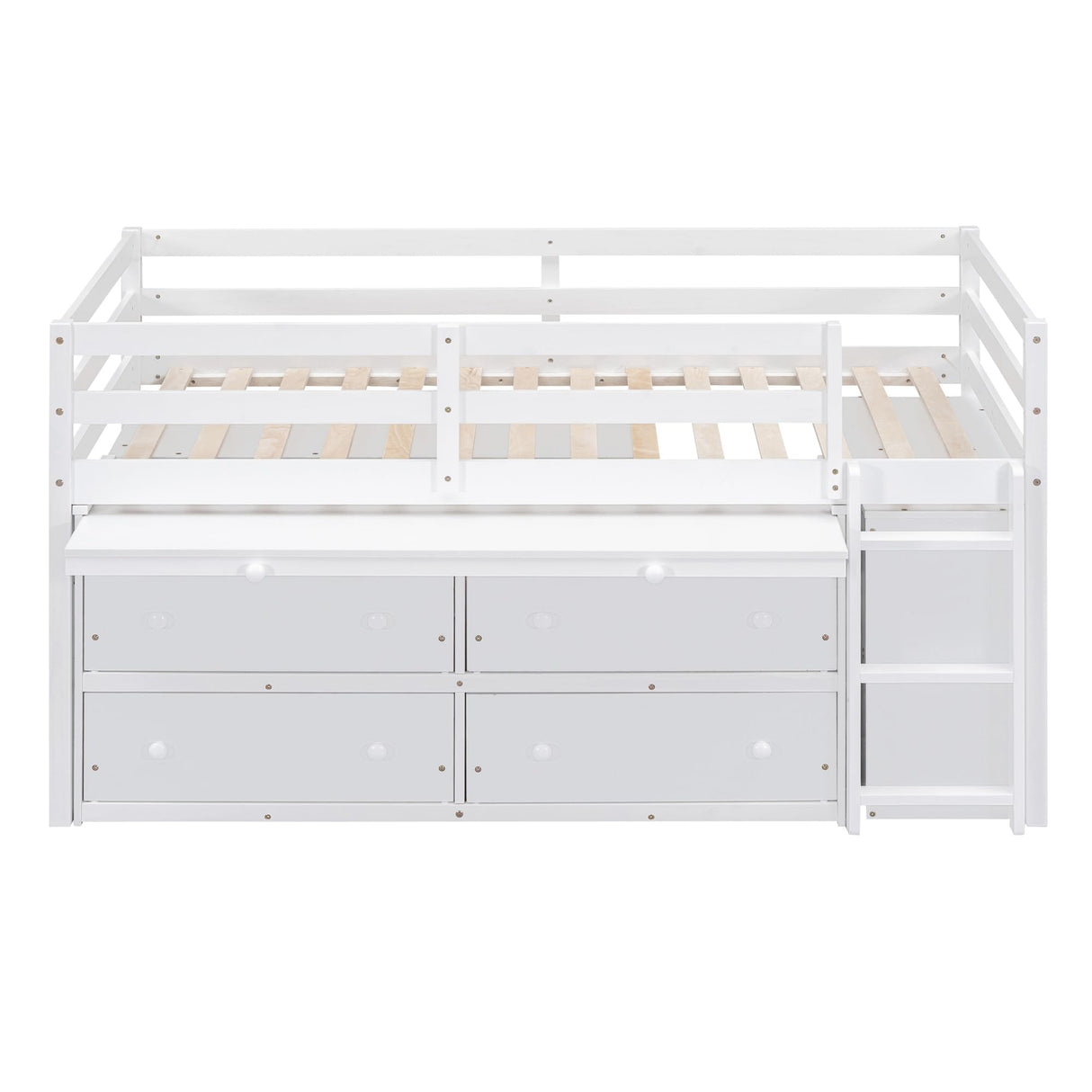 Kids Twin Size Low Loft Bed with Storage, Twin Size Loft Bed with Portable Desk and 4 Drawers, Wood Twin Loft Bed with Shelves, Modern Farmhouse Junior Loft Bed for Kids Boys Girls, White Harper & Bright Designs