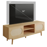 VOWNER Farmhouse Rattan TV Stand for 55/60/65 inch TV, Modern Entertainment Center with Natural Rattan Door and 2 Open Shelves, TV Console Table for Living Room, Wood Color VOWNER