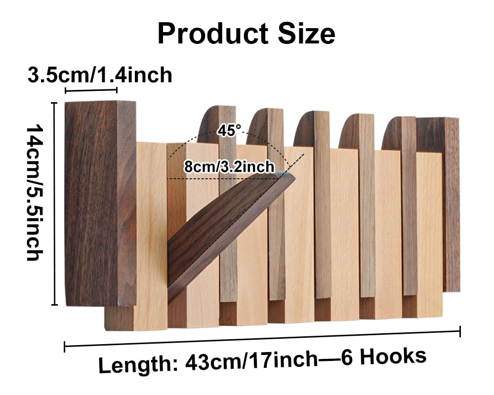 OLETNY Coat Rack Wall Mount Wood, Wood Coat Rack Wall Mount with 6 Flip-Down Magnetic Hooks Piano Wall Coat hanger for Entryway, Bathroom, Bedroom, Kitchen OLETNY