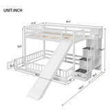 jurmiture Bunk Beds Twin Over Full Size, Pine Solid Wooden Bunk Bed with Slide, Storage Staircase, Safety Guardrails for Kids, White jurmiture