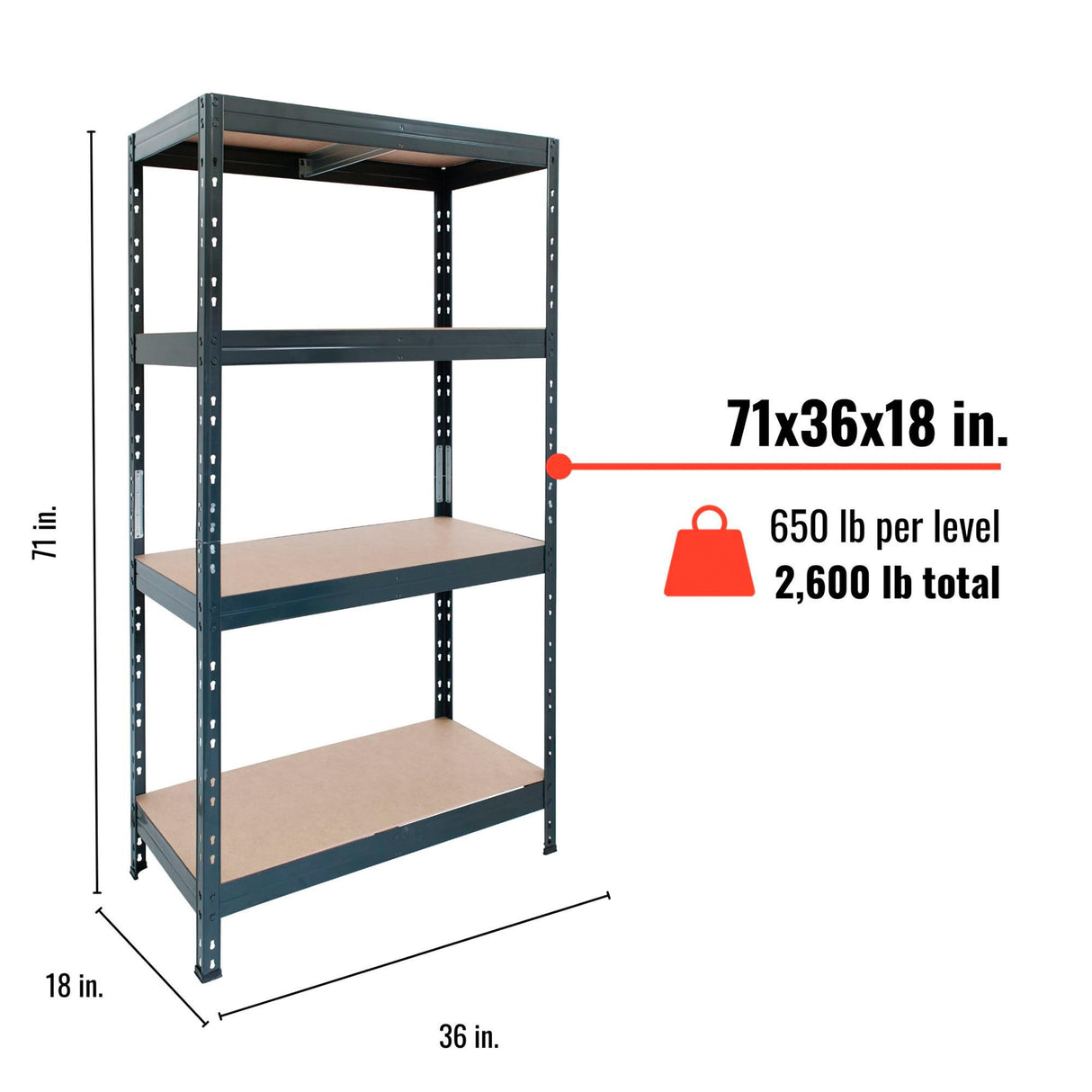 AR Shelving 2400-Lb. Capacity, 71in.H x 36in.W x 18in.D Rivet Shelving Unit, Or Combine to Make 2 Benches, Ea. 35 1/2in.H x 72in.L x 18in.D, Matte Dark Gray, Model# Garage 36/18 600 Lb. AR Shelving