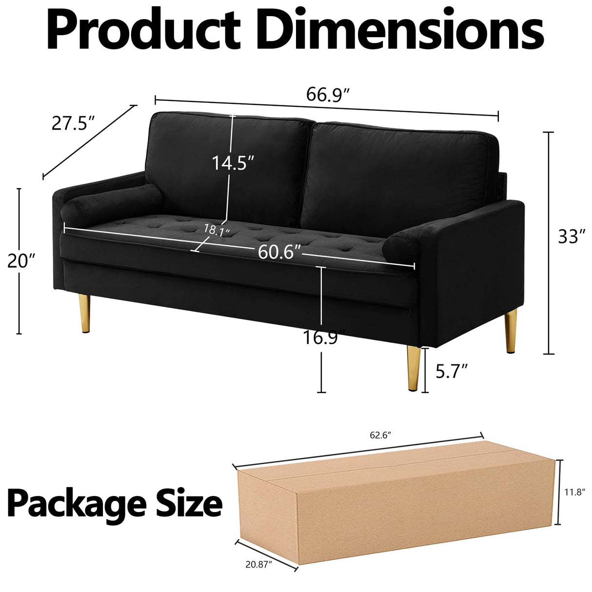 Thctvous 65" Loveseat Sofa with 2 Pillows, Comfy Love Seat Cuches with Gold Legs,Velvet Small Couchs for Living Room Bedroom Office Apartment,Mid Century Modern Couch (Black) Thctvous