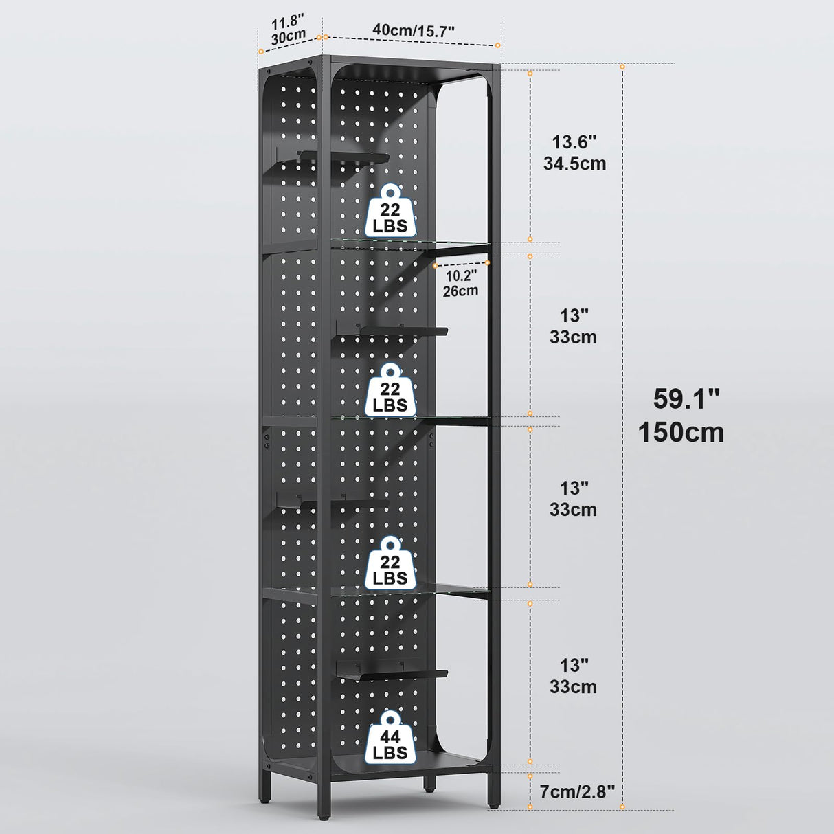 Saudism Glass Display Shelf for Collectibles, LED Black Shelf, Curio Cabinet, Lighted Tall Narrow Shelf with Pegboard Steel Frame for Gaming Room, Floor Lamp with Shelves, Living Room, Bedroom, Small Saudism