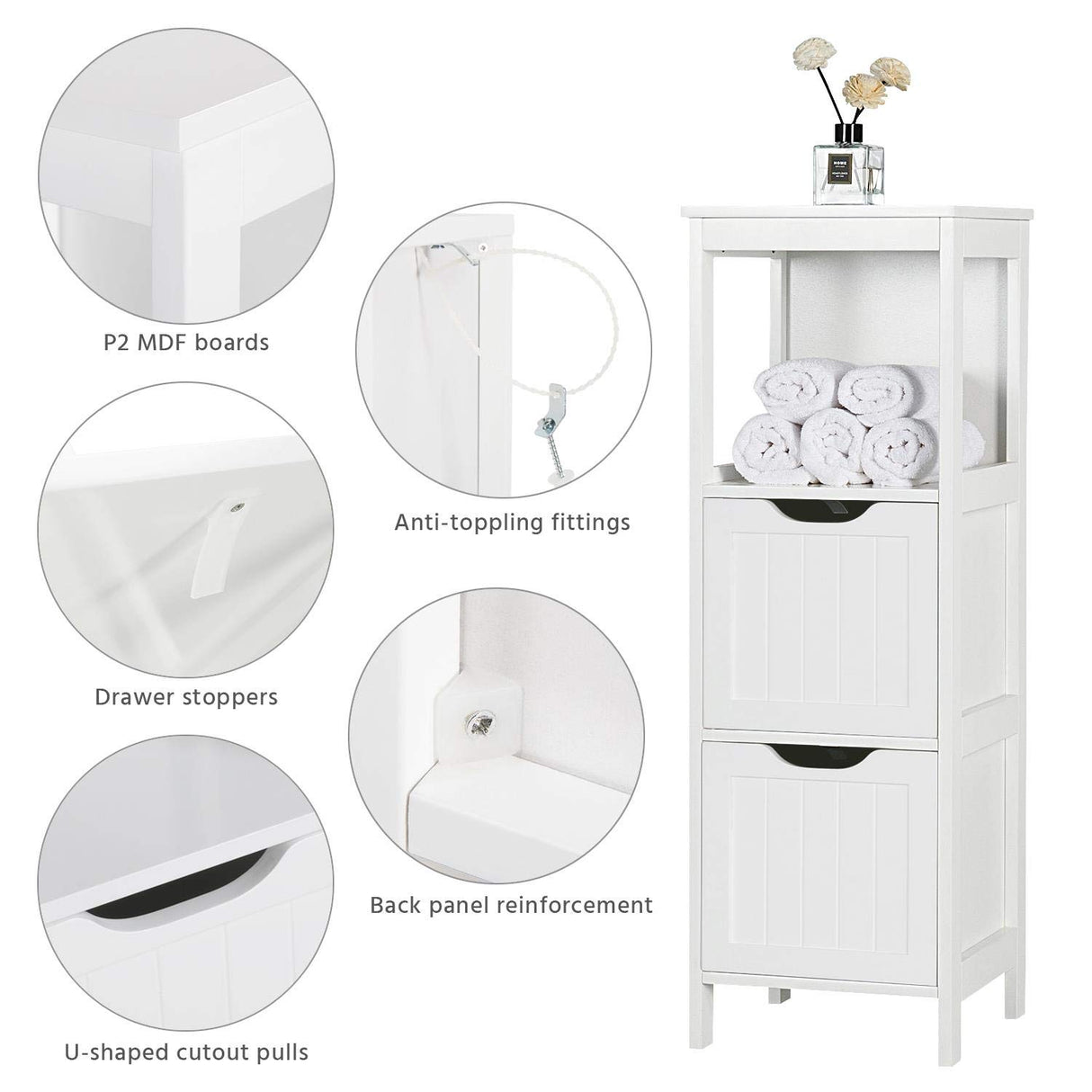 Yaheetech Bathroom Floor Cabinet, Wooden Storage Cabinet with 2 Drawers, Multifunctional Side Organizer Rack Stand Table, White Yaheetech