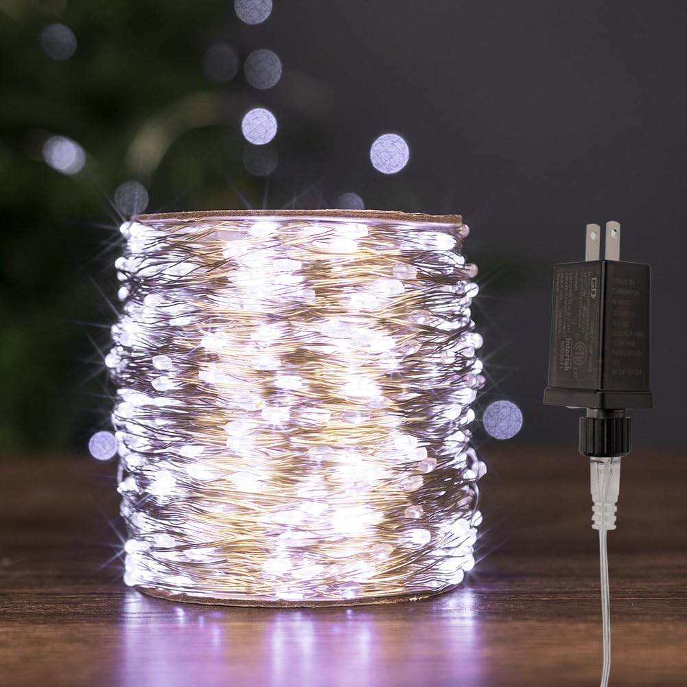 PCORES 328FT Long Fairy Lights 1000 LED Cool White Silver Wire Remote Control Indoor Outdoor Plug in String Lights for Bedroom Living Room Patio Porch Garden Christmas Tree