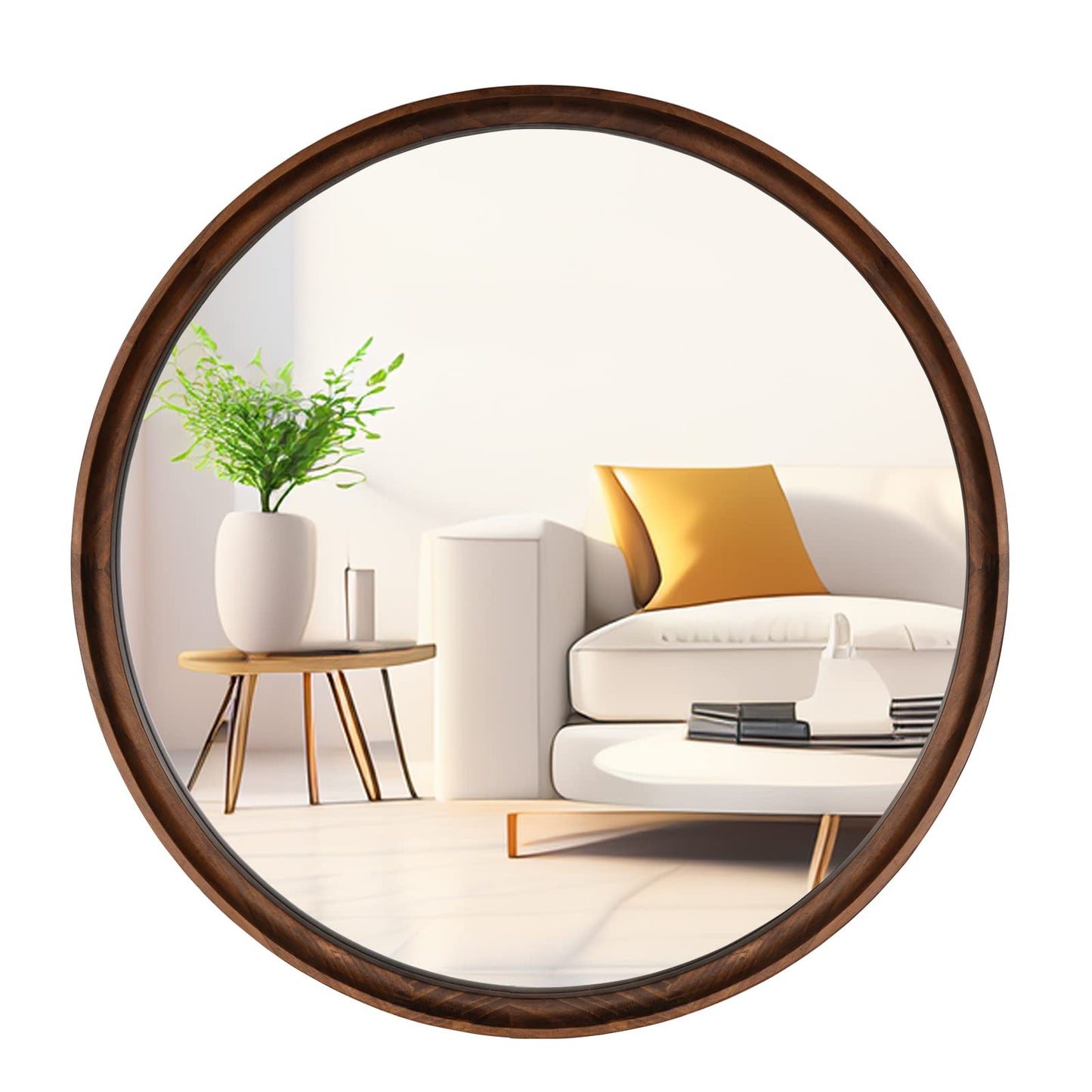 WallBeyond Round Mirror with Solid Real Wood Frame for Wall Decor, 26" Circle Wood Mirror Bathroom Wall Mirror for Living Room, Entryway and Bedroom,Brown - WoodArtSupply