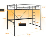 VINGLI Full Size Metal Loft Bunk Bed Frame for Kids Teens Adults with Desk Underneath,2 Charging Station,LED Lights,Safety Guardrail and Stair,No Box Spring Needed,Black VINGLI