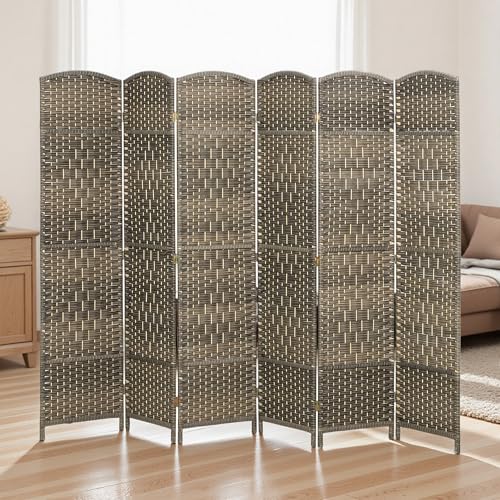 HOMCOM 6 Panel Room Divider, 6' Tall Folding Privacy Screen, Woven Freestanding Wall Partition for Home Office, Bedroom, Dark Rustic Oak HOMCOM
