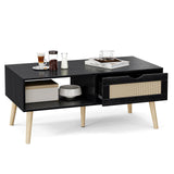 ZttRiee Wood Coffee Table with Storage, Boho Dining Table with Rattan Drawer and Solid Wood Legs, Small Coffee Tables for Living Room, Black ZttRiee
