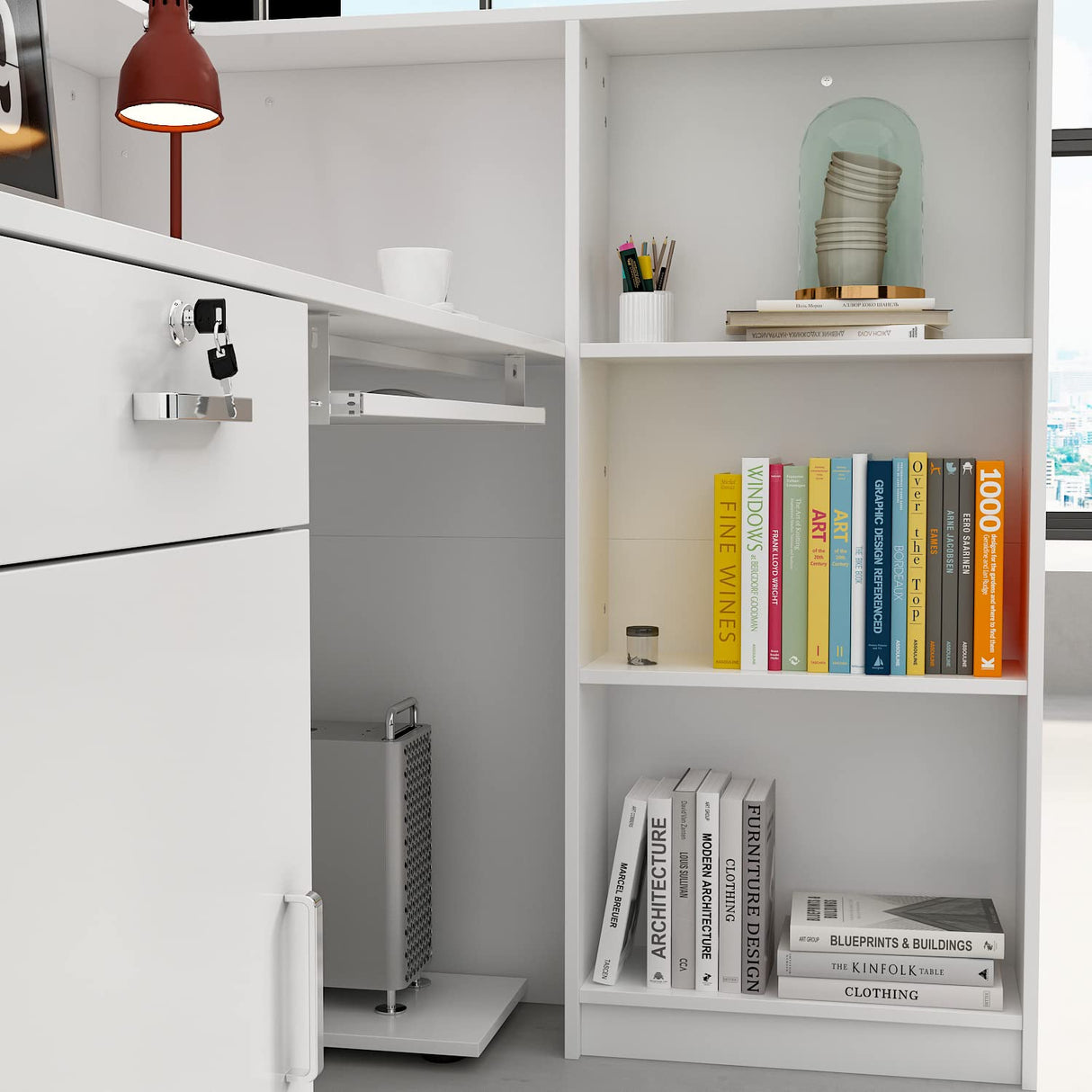 ECACAD Reception Desk with Lockable Drawer, Open Shelves & Keyboard Tray, Office Desk Reception Counter Table with Cabinet and Black Stickers, White (55.1”W x 43.3”D x 43.3”H) ECACAD