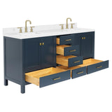 ARIEL Cambridge 72" Midnight Blue Double Vanity, 1.5" Edge Carrara White Quartz Countertop & Splash, Rectangular Sinks, 4 Soft Closing Doors, 6 Full Extension Dovetail Drawers, Satin Brass ARIEL