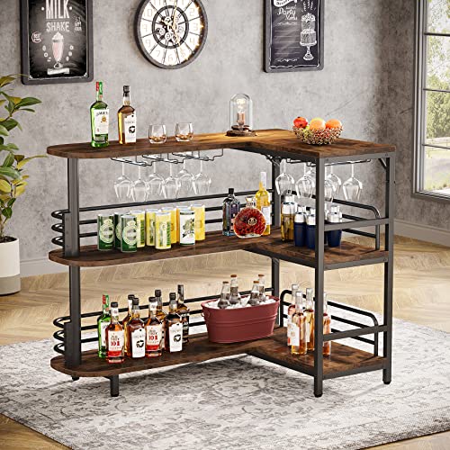 Tribesigns Rustic Brown L-Shaped Home Bar Unit with 3 Tiers and Wine Glass Holder - WoodArtSupply