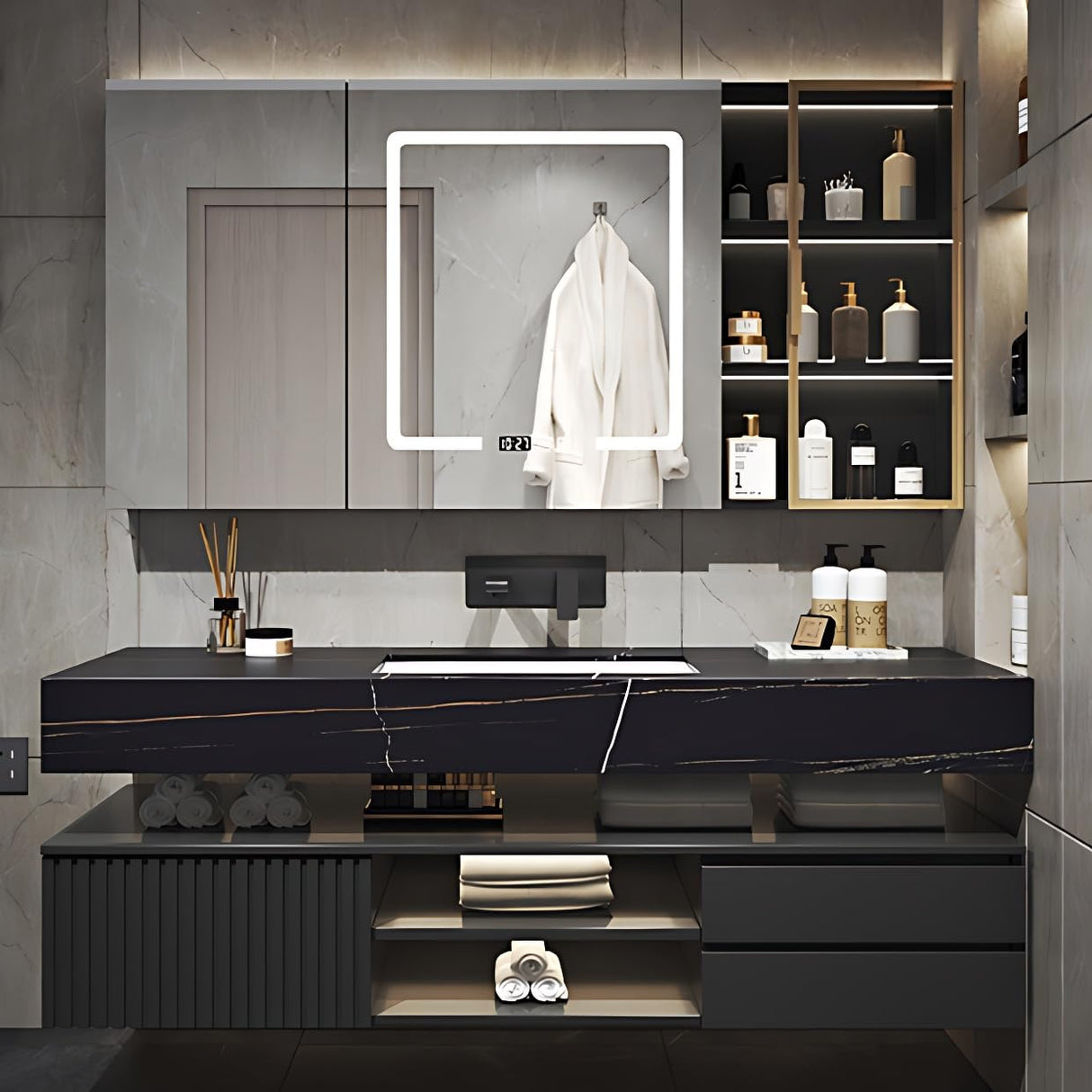 ZGNBSD Bathroom Vanity with Sink - Modern Floating Bathroom Vanity | LED Smart Medicine Cabinet Included | Multi-Layer Solid Wood Bathroom Vanity | Wall-Mounted Installation (Black, 60") ZGNBSD