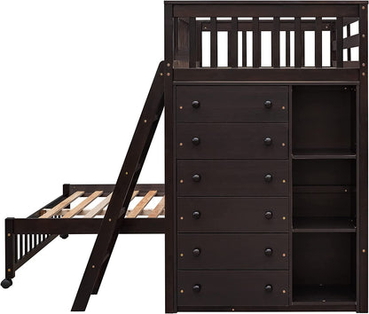 Harper & Bright Designs Twin Over Full Bunk Beds with Six Drawers and Flexible Shelves,Wooden Bunk Beds with Storage and Removable Bottom Bed for Kids Girls Boys,No Box Spring Needed (Espresso)