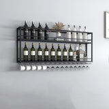 Industrial Wall Mounted Wine Rack, 2-Tier Wood Wine Bottle Shelf with Stemware Rack, Black Wine Glass Rack Multi Functional Wine Storage Display Rack for Home Bar Dining Room Kitchen (39.3×7.8×26in) SPTZQURY