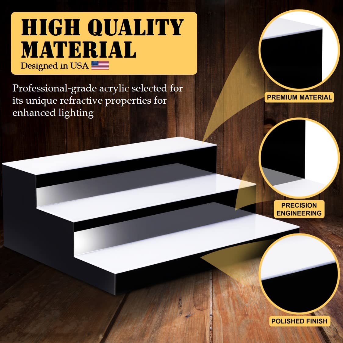 Boss Premium® BarUSA™ LED Lighted Bar Shelf Display Liquor Bottle Alcohol Whiskey Shelves Rack Stand Tray Units for Home Bar Living Room Accessories and Decor - Designed in USA (3-Step, 28 Inch) Boss Premium