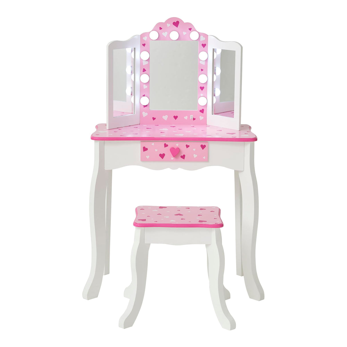 Teamson Kids Little Princess Gisele Sweethearts Print Kids Vanity Set with Matching Stool, Tri-fold Mirror with Glamour LED Lights + Storage Drawer For 3yr and up, Pretend Play House, Salon White/Pink Teamson Kids