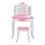 Teamson Kids Little Princess Gisele Sweethearts Print Kids Vanity Set with Matching Stool, Tri-fold Mirror with Glamour LED Lights + Storage Drawer For 3yr and up, Pretend Play House, Salon White/Pink Teamson Kids