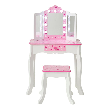 Teamson Kids Little Princess Gisele Sweethearts Print Kids Vanity Set with Matching Stool, Tri-fold Mirror with Glamour LED Lights + Storage Drawer For 3yr and up, Pretend Play House, Salon White/Pink Teamson Kids