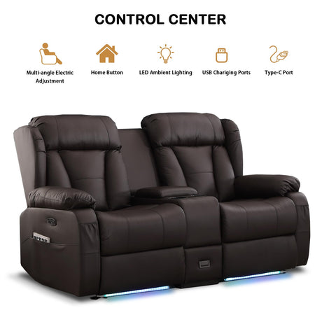 DUNELLA 66" Power Loveseat Recliner Sofa, Home Theater Seating with Console, Electric Recliner RV Sofa with USB/USB-C/Storage/Side Pocket/LED Light for Travel Trailers(Brown) DUNELLA