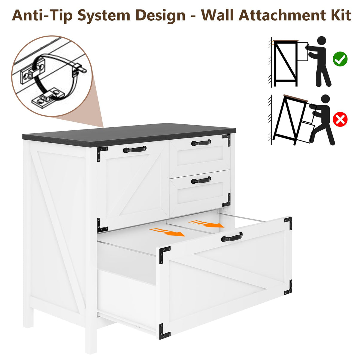 Lateral File Cabinet with 4 Drawers Farmhouse File Cabinet for Letter/Legal/A4 Size Hanging Files, Large Wood File Storage Cabinets Printer Stand for Home Office Cabinet, White and Black Halitaa