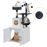 Cat Tree with Litter Box, Wood Litter Box Enclosure with Food Station, Modern Cat Tower for Indoor Large Cats with Large Platform,Cat Condo with Scratching Posts, Hammock, Caves, Basket,White Gaalloopyger