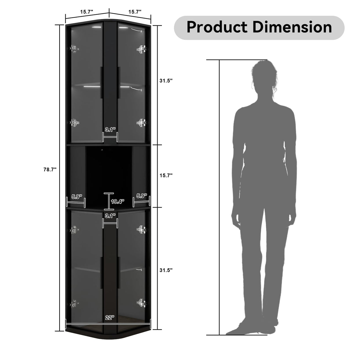 ARTETHYS Glass Display Cabinet Doors 78‘’ Tall Corner Display Case with Lights for Collectibles 5-Tier Curio Storage Shelf for Toys, Books, Black ARTETHYS