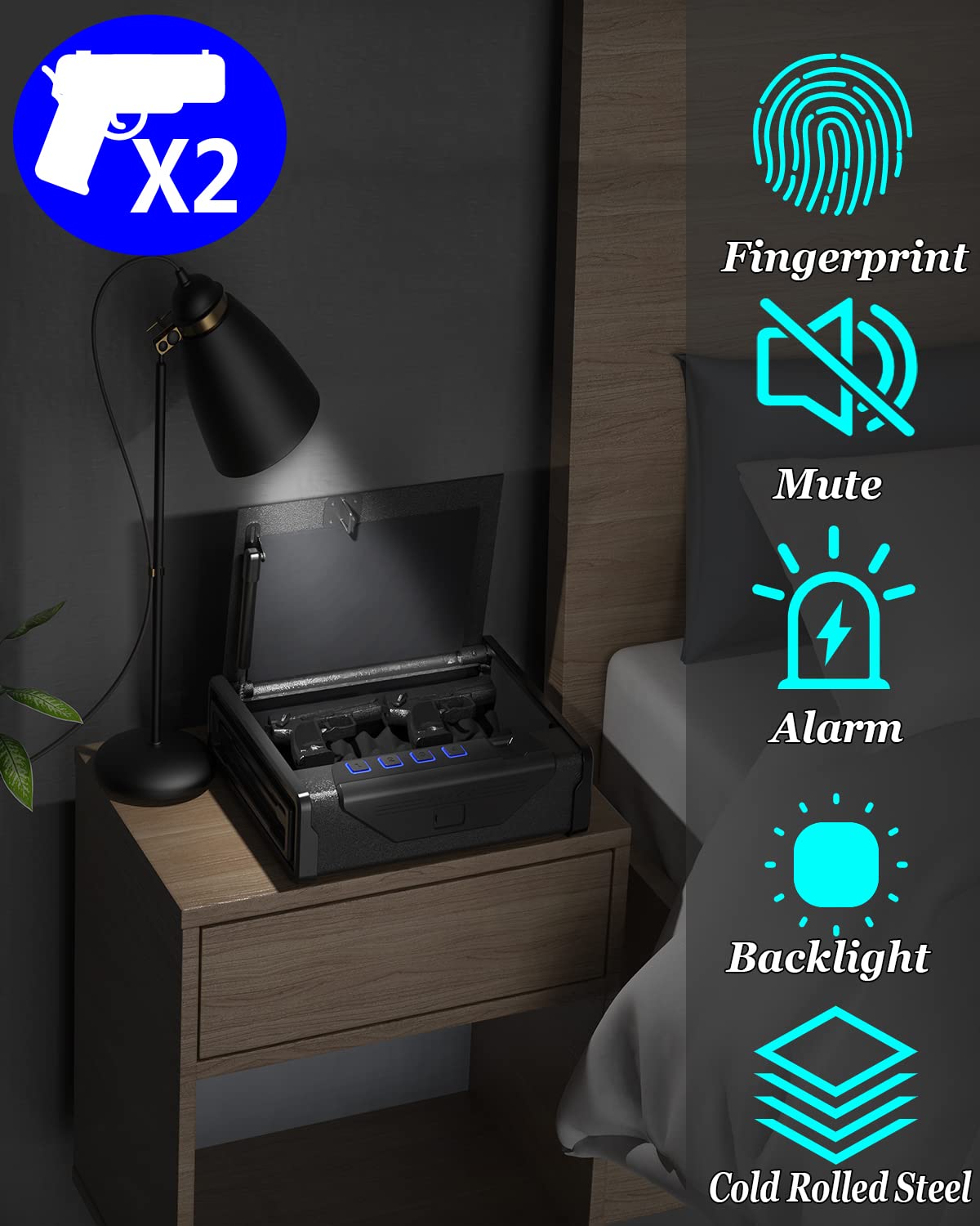 [2024 NEW] KAER Gun Safe, Biometric Gun Safes for Pistols, Quick Access Biometric Fingerprint Safe with Mute Function,LED Light,Two Handguns Capacity Pistol Safe for Home Bedside Nightstand and Car KAER