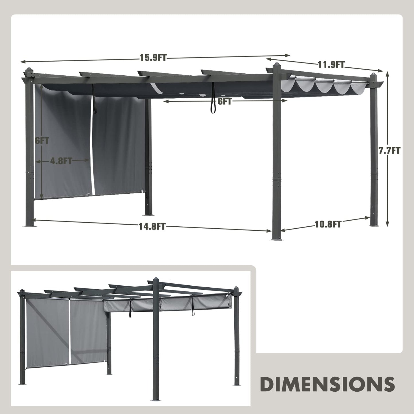 BPS 16 x 12 FT Outdoor Pergola with Retractable Shade Canopy, Dark Gray Matte Aluminum Frame, 2 Pieces Roller Shade Curtain, Grape Trellis Pergola for Patio Backyard and Deck - Dark Gray