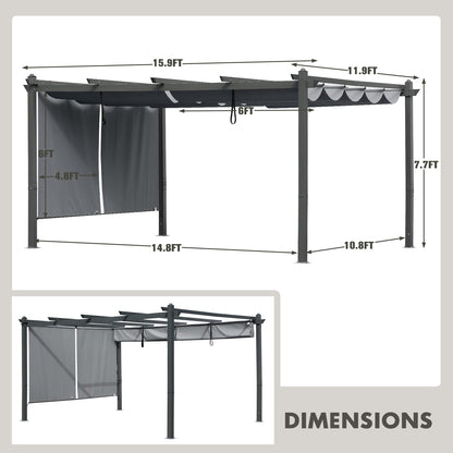 BPS 16 x 12 FT Outdoor Pergola with Retractable Shade Canopy, Dark Gray Matte Aluminum Frame, 2 Pieces Roller Shade Curtain, Grape Trellis Pergola for Patio Backyard and Deck - Dark Gray