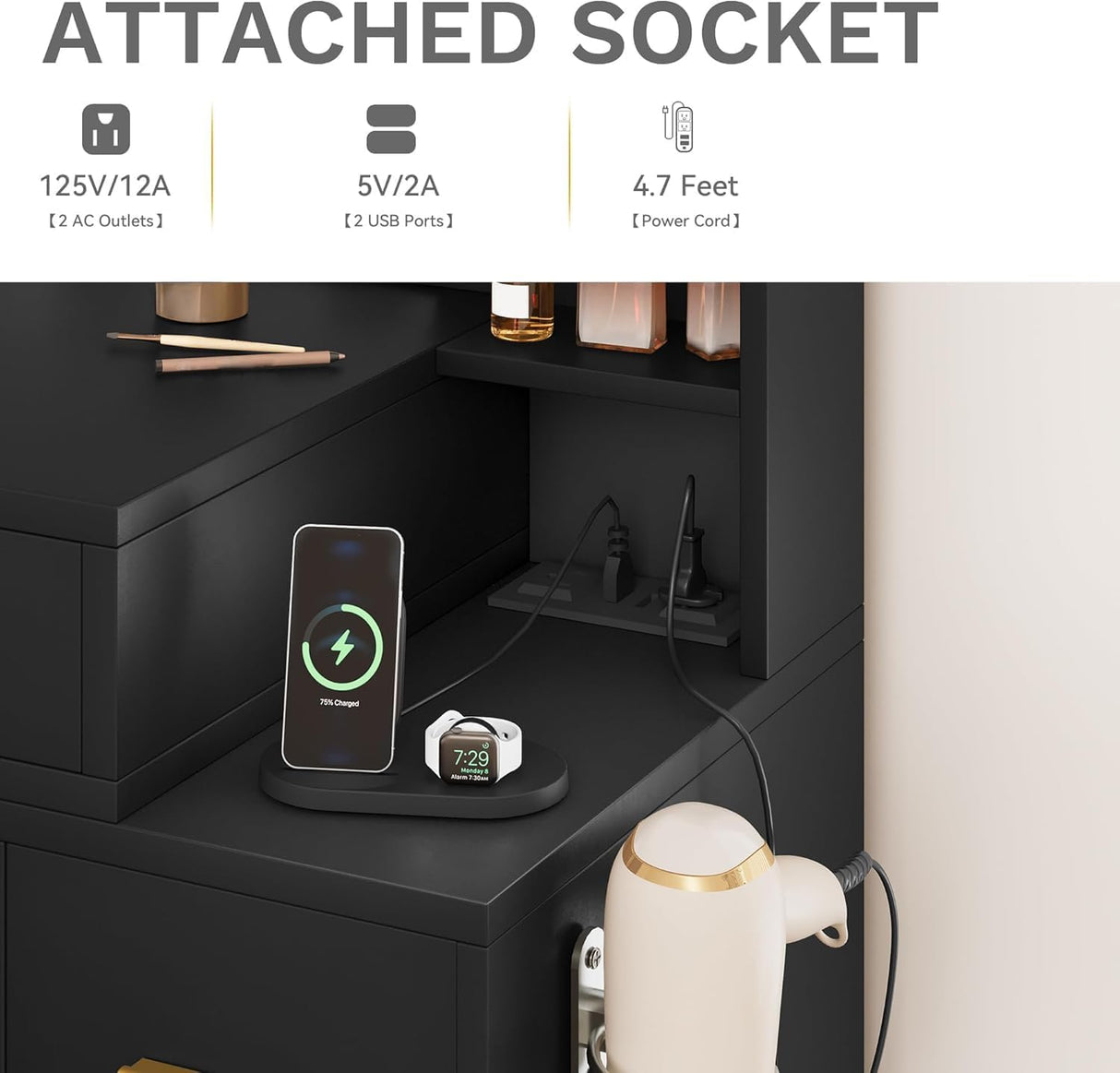 DWVO Makeup Vanity Desk with Hollywood-Style Mirror, Adjustable LED Lighting, Vanity Table Set with Stool and Power Outlet, Storage Drawers, Shelves and Cabinet, Dressing Room, Carbon Black DWVO