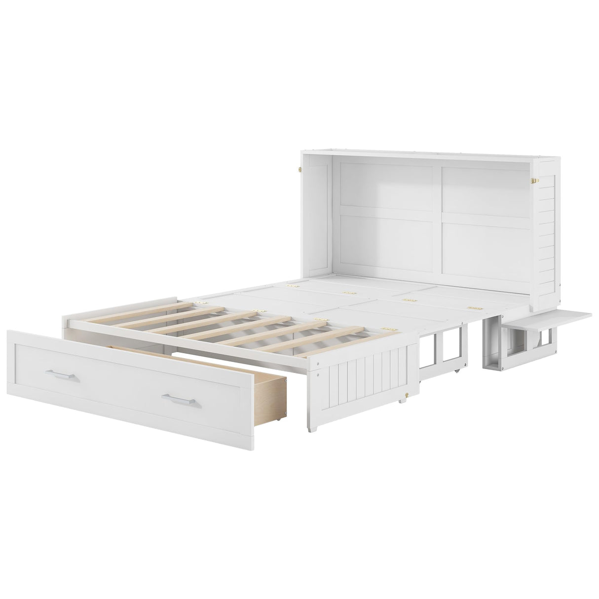 Ball & Cast Mobile Murphy Bed Queen Size with A Big Storage Drawer and 2 Bedside Shelves on Each Side,Hideaway Foldable Fold-Down Bed w/Slat Support,Space-Saving Bedframe for Bedroom,White Ball & Cast