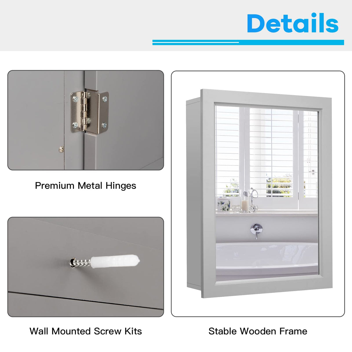 RELAX4LIFE Bathroom Medicine Cabinet with Mirror - Bathroom Wall Cabinet w/Single Door & Adjustable Shelf, Wood Mirrored Storage Cabinet Organizer, Recessed Bathroom Cabinet Wall Mount (Grey) RELAX4LIFE