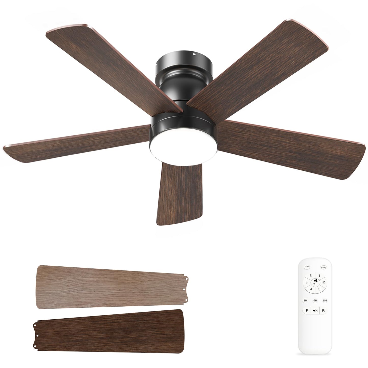 AKOFUN Ceiling Fans with Lights, 42 inch Low Profile Ceiling Fan with Light and Remote Control, Flush Mount, Reversible, 3CCT, Noiseless, 5 Blades Black Modern Ceiling Fan for Bedroom Living Room