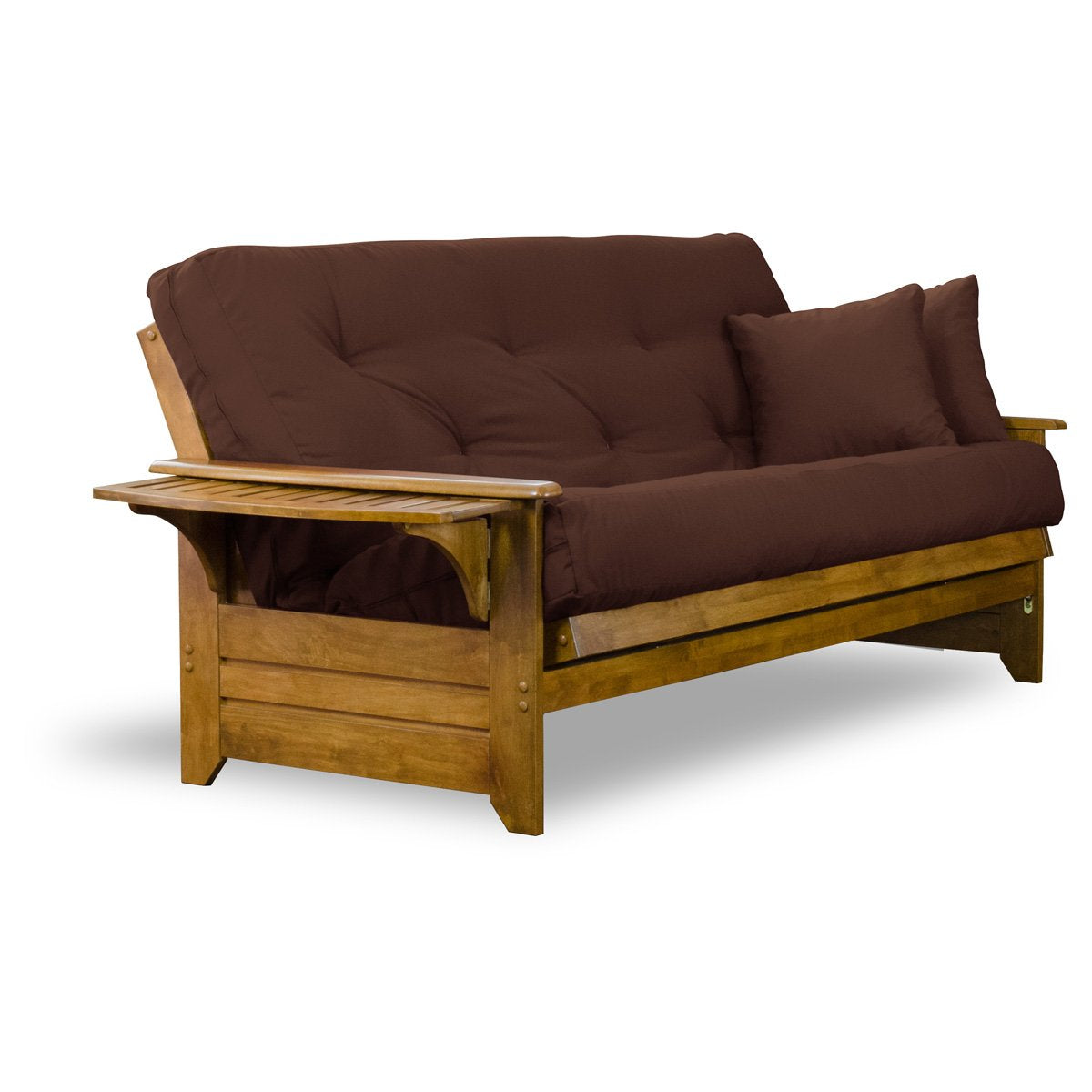 Nirvana Futons Brentwood Tray Arm Futon Sofabed Set - Queen Frame, 8" Microfiber Fudge Mattress, Heritage Finish Nirvana Futons