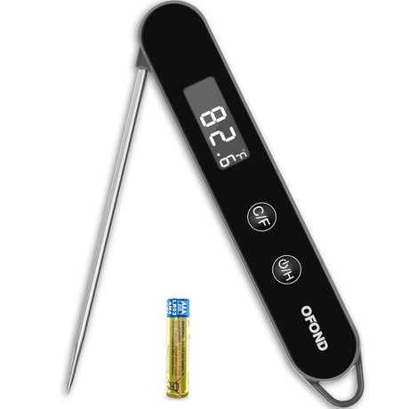 OFOND Meat Thermometer Digital for Cooking and Grilling,Instant Read Food Thermometer with Battery,Folding Accurate Probe Kitchen Thermometer for BBQ,Backlit LCD,Store by Magnet and Hook (Black) OFOND
