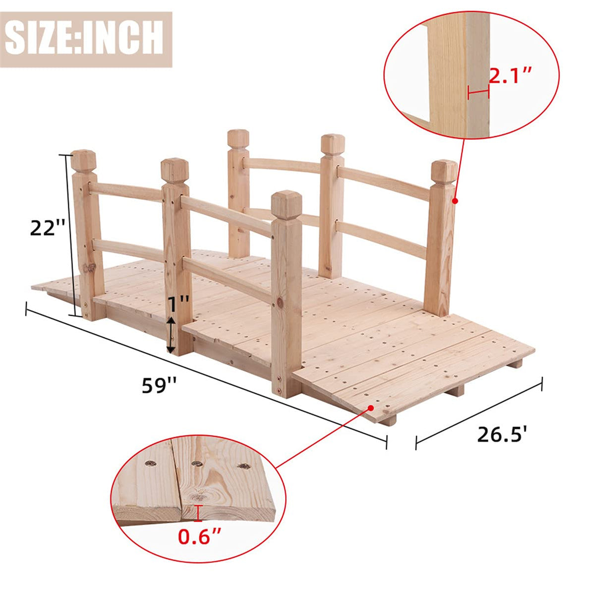 Koopee LEEXCCOS Higher Quality & Stronger Wooden Garden Bridge for Outdoors 5ft, More Durable Landscape Arch with Safety Railsm, 500lbs Capacity Decorative Pond Bridge (Natural Wood) Koopee