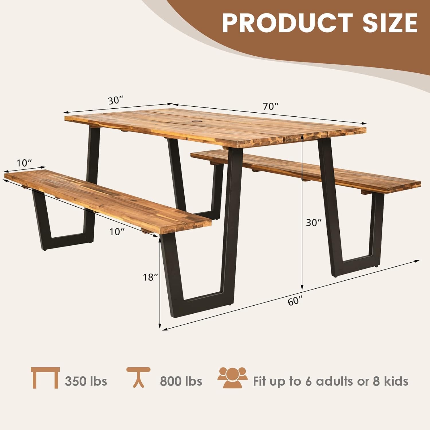 LDAILY Picnic Table, 70’’ x 30’’ Outdoor Wood Dining Table Set with Bench, 2" Umbrella Hole, 1600 LBS Max Load, Metal Frame Picnic Tables for Outdoors 6-8 Persons in Party, Garden, Yard, Pati - WoodArtSupply