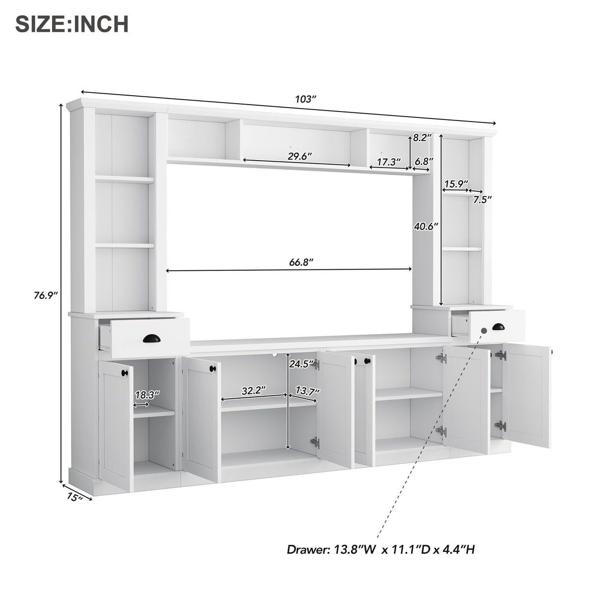 YOPTO 103" Minimalist Entertainment Center Wall Unit Set with Bridge for TVs Up to 75'',Ample Storage Space TV Stand W/Adjustable Shelves,Modernist Large Media Console for Living Room,White YOPTO