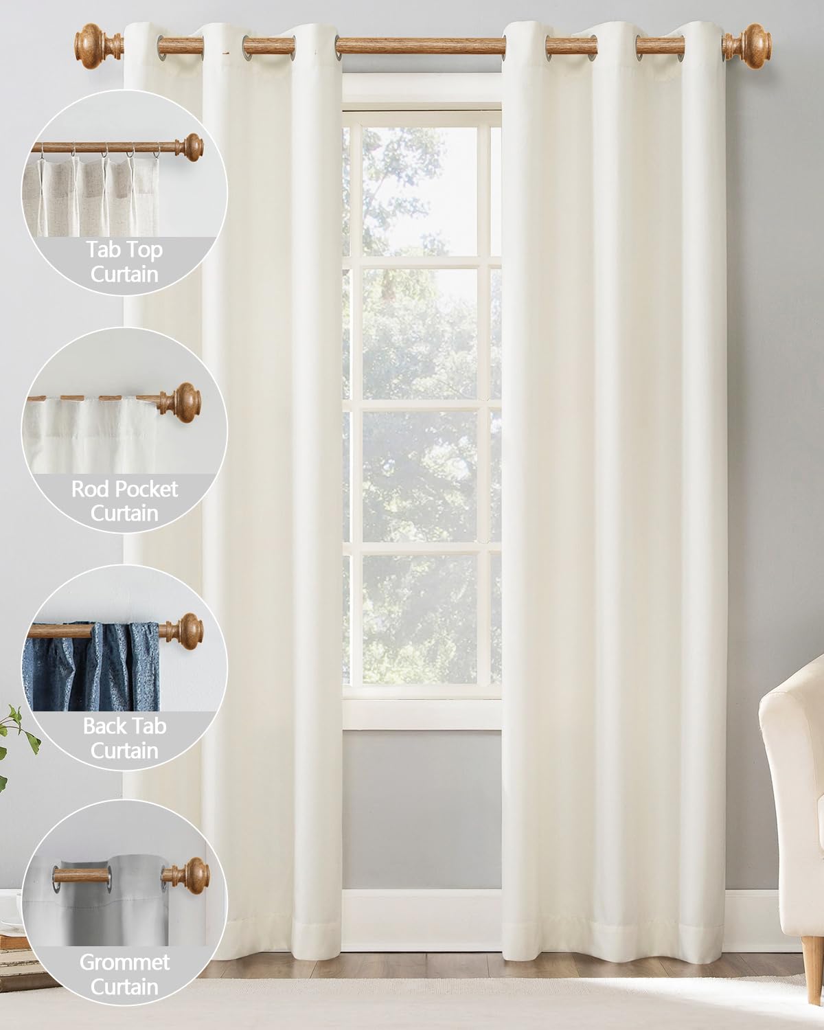 Wood Curtain Rods for Windows 48 to 84 Inch, 1 Inch Heavy Duty Curtain Rods with Imitation Wood Grain Finials, Boho Adjustable Drapery Rods, Farmhouse Rustic Single Window Curtains Rods HIQTEK