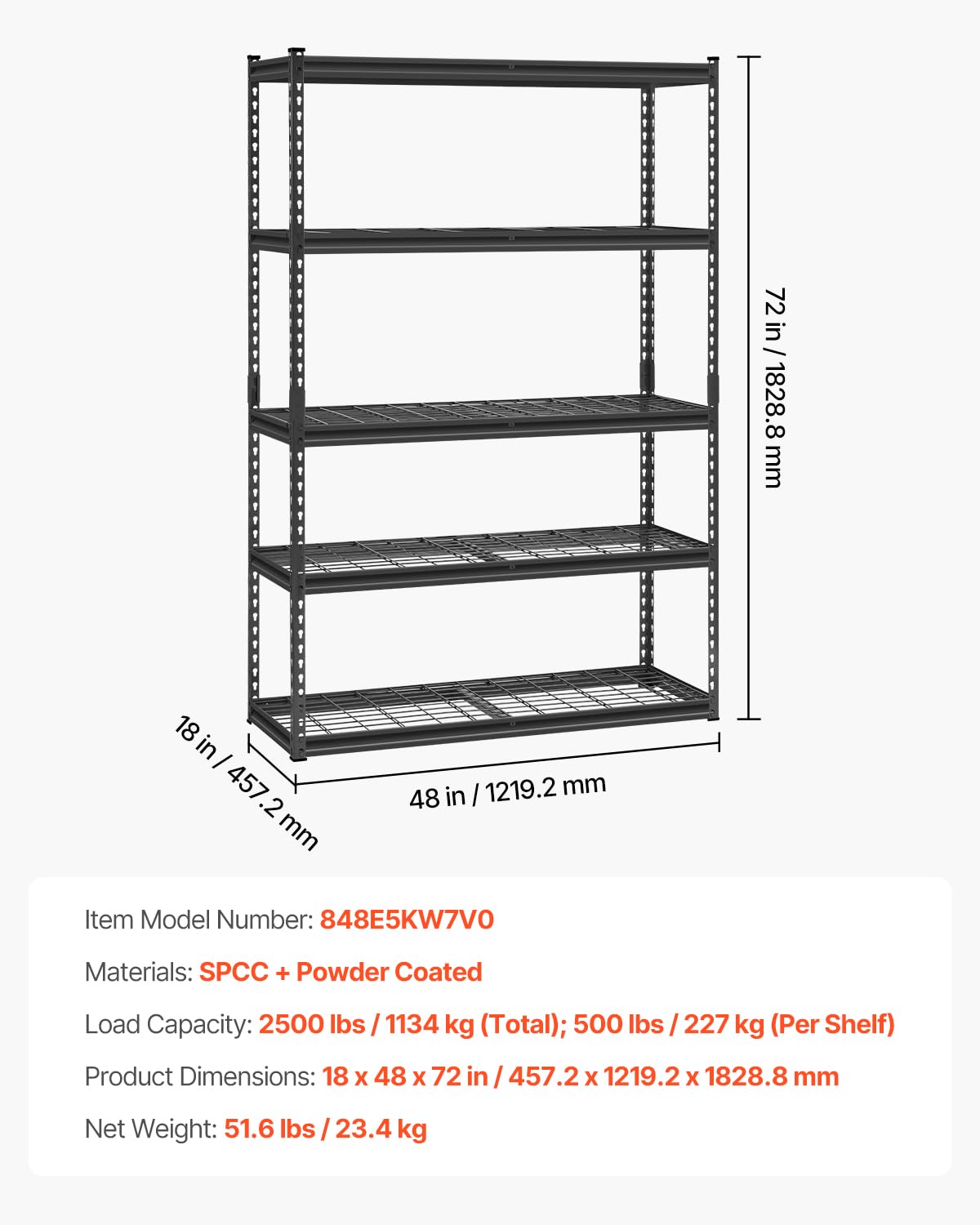 VEVOR Storage Shelves, 2500 lbs, 5 Tier Heavy Duty Garage Shelving, 18" D x 48" W x 72" H Adjustable Metal Shelves for Industrial Shelving Unit Utility Shelf, for Kitchen, Warehouse, Basement, Black VEVOR