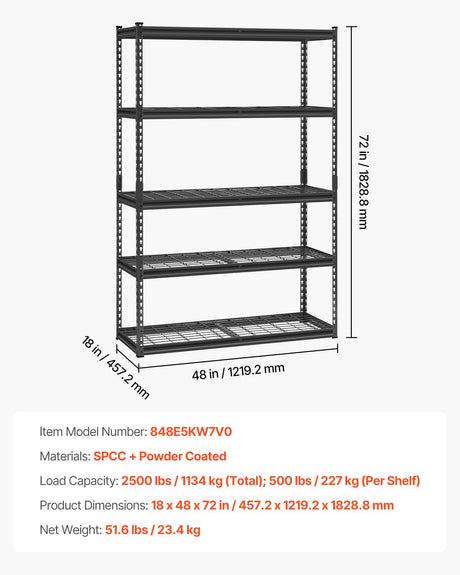 VEVOR Storage Shelves, 2500 lbs, 5 Tier Heavy Duty Garage Shelving, 18" D x 48" W x 72" H Adjustable Metal Shelves for Industrial Shelving Unit Utility Shelf, for Kitchen, Warehouse, Basement, Black VEVOR