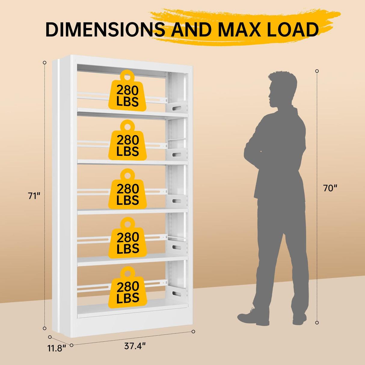 Guomao 5 Tier White Metal Bookshelf, 71" H Bookcase with Adjustable Shelves, Heavy Duty Storage Bookshelves Tall Bookcase for Library, Office, Living Room, Classroom, Including Book Stopper(White) Guomao