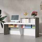 FAMAPY Reception Desk with Shelves, Modern Reception Table with Storage, Front Counter Checkout Table Retail Counter for Lobby Shop, White and Grey, 23.6”D x 86.6”W x 43.3”H FAMAPY
