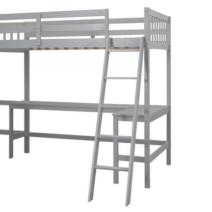 L-Shaped Grey Loft Bed with Two Built-in Desks, Twin Size, Sturdy Design, No Box Spring Required - WoodArtSupply