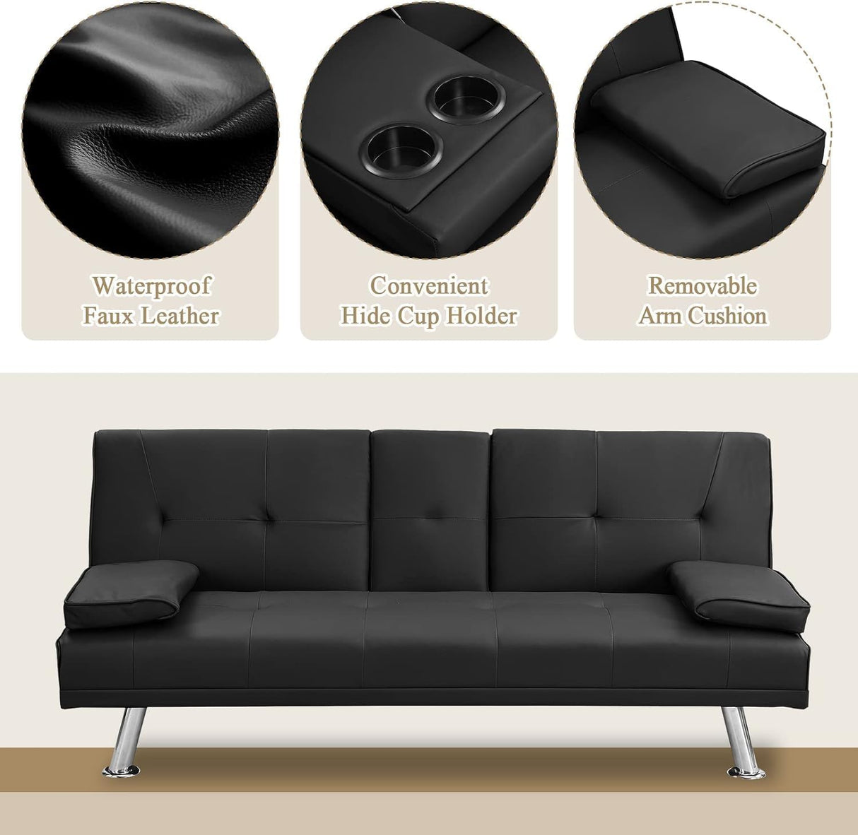 Anwickmak Convertible Futon Sofa Bed,PU Leather Modern Couch Loveseat Sleeper, Folding Daybed Guest Bed, Removable Armrests, 2 Cup Holders, Metal Legs (Black) Anwickmak