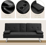 Anwickmak Convertible Futon Sofa Bed,PU Leather Modern Couch Loveseat Sleeper, Folding Daybed Guest Bed, Removable Armrests, 2 Cup Holders, Metal Legs (Black) Anwickmak