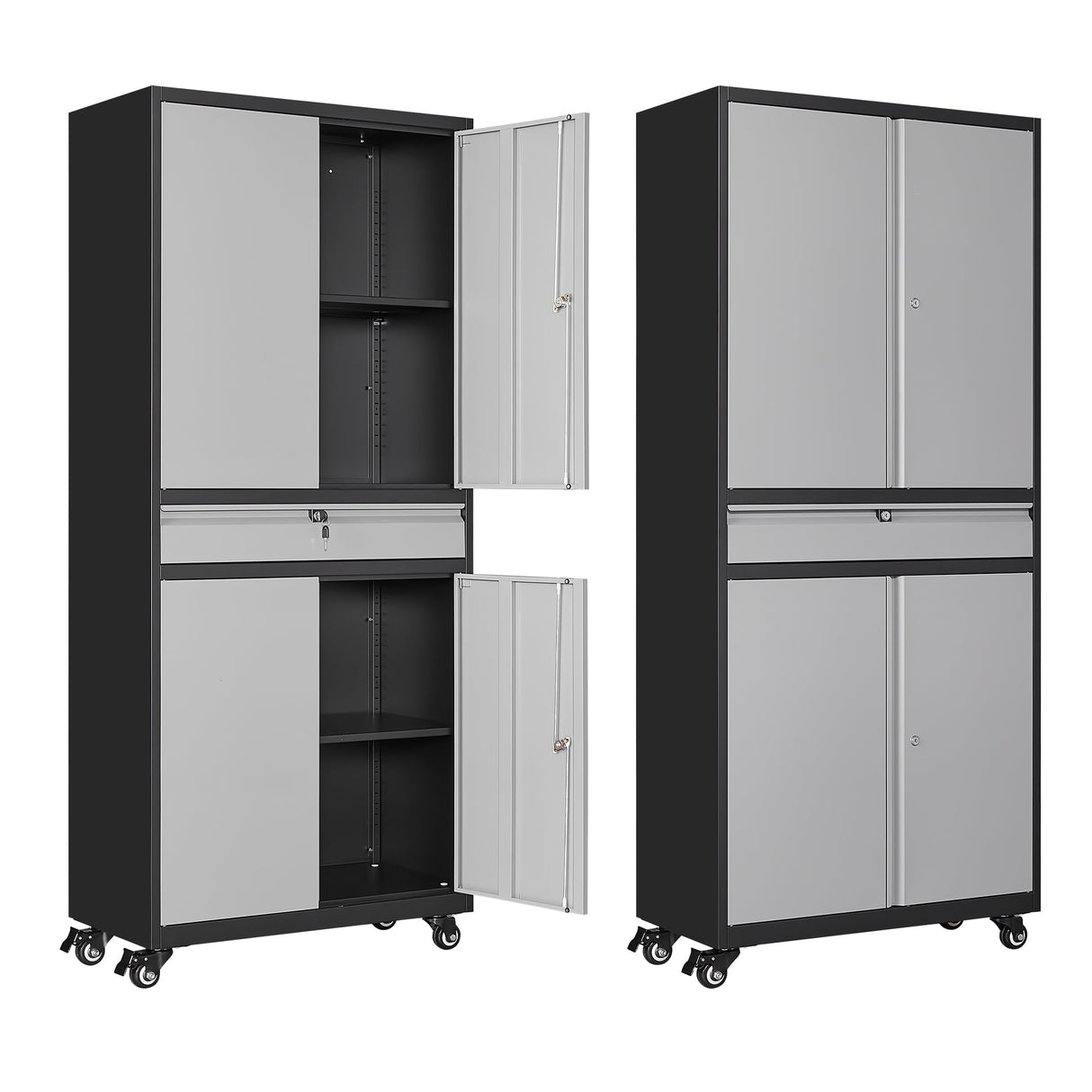 Anxxsu Metal Garage Storage Cabinet with Wheels, 73" Lockable Storage Cabinet with 2 Adjustable Shelves and 1 Drawer for Garage, Utility Room, Warehouse (Black Grey) Anxxsu