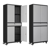 Anxxsu Metal Garage Storage Cabinet with Wheels, 73" Lockable Storage Cabinet with 2 Adjustable Shelves and 1 Drawer for Garage, Utility Room, Warehouse (Black Grey) Anxxsu